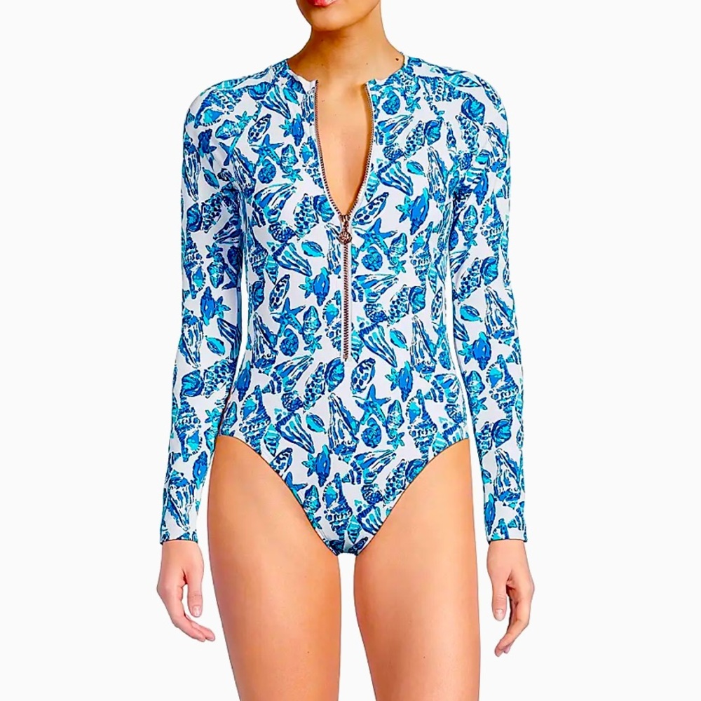 Lilly Pulitzer Blue & White Long Sleeve Zip Front One-Piece Swimsuit